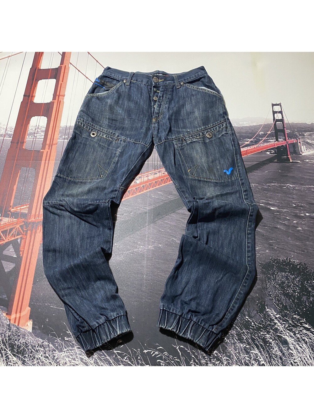 Y2K VOI Jeans Mens Size 30x31 Blue Denim Joggers Button Fly elasticated Cuff Leg